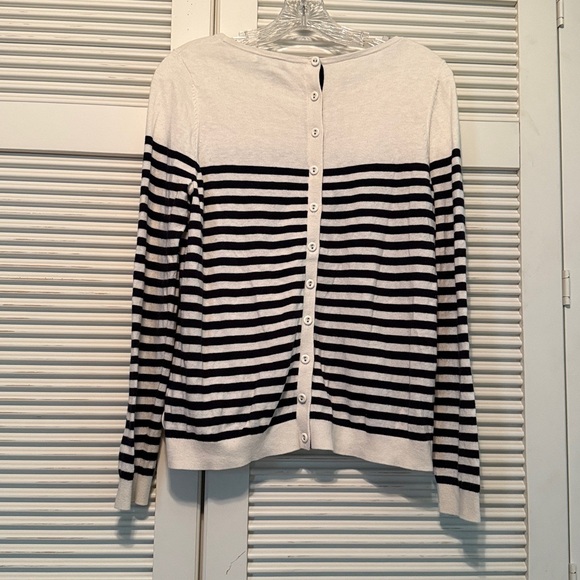 BODEN Dark Blue and Off-White Striped Button Back Sweater - Picture 2 of 5